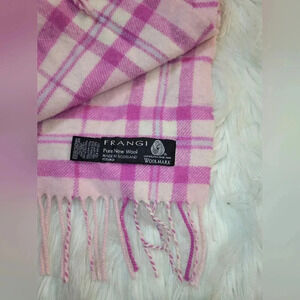 FRANGI Pure wool Pink & White Windowpane Plaid Fringe Scarf